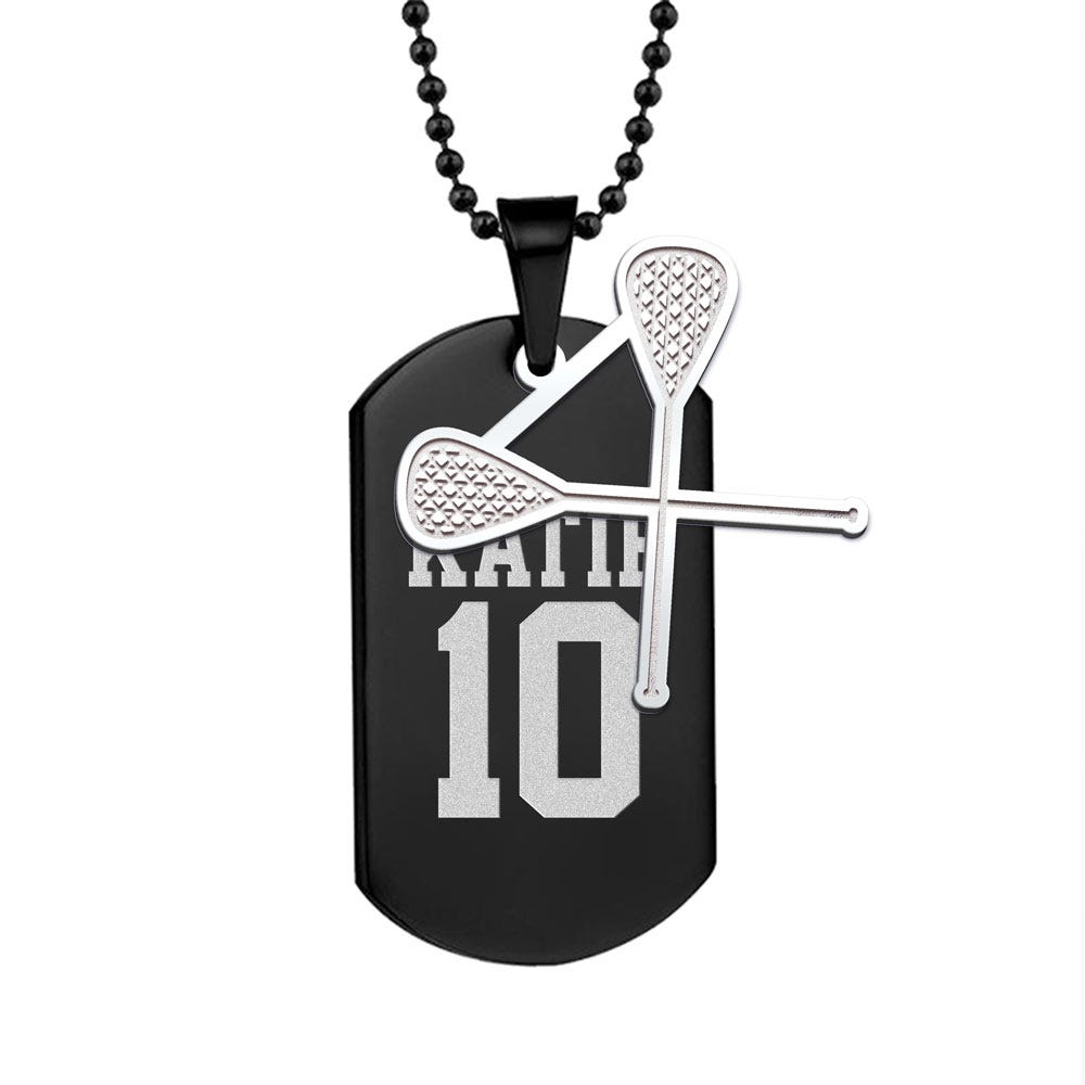 Black Stainless Steel Sports Name and Number Dog Tag with Lacrose Charm