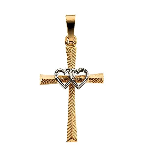 14K Two Tone Gold Cross Pendant With Double Hearts