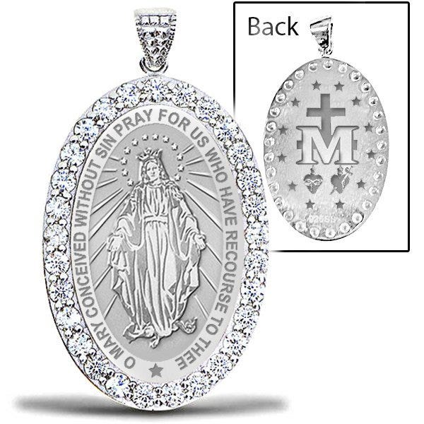 Miraculous Medal Double Sided Cz Oval Pendant
