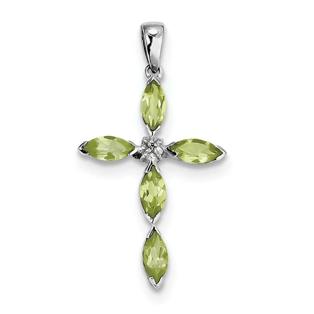 Sterling Silver Rhodium Peridot And Diamond Cross Pendant