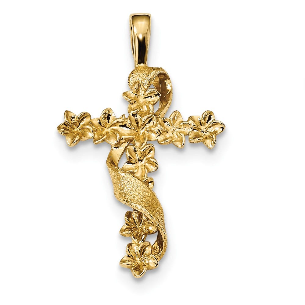 14K Polished And Textured Flower Cross Pendant