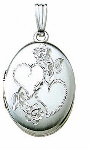 14K White Gold Double Heart Oval Photo Locket