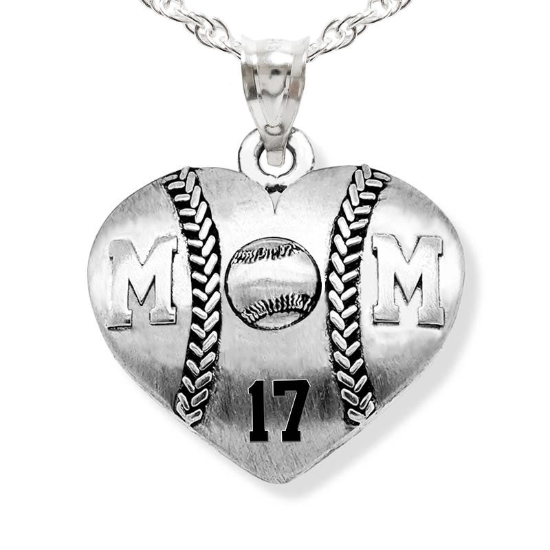 Heart Shaped Mom Baseball Pendant with Number & Chain