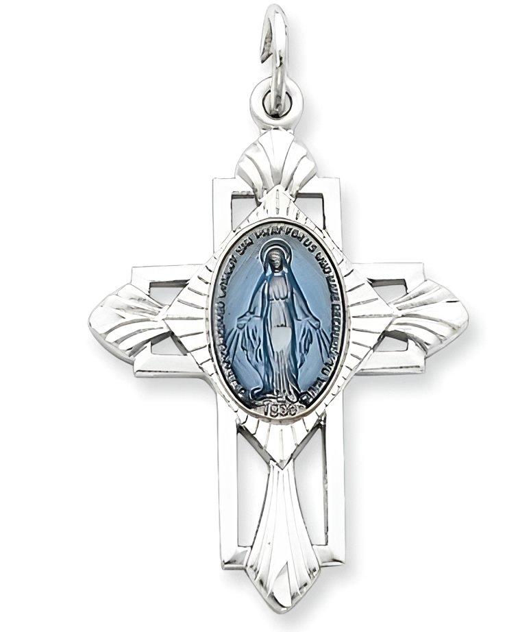 Sterling Silver Miraculous Religious Medal Cross Pendant With Epoxy Resin