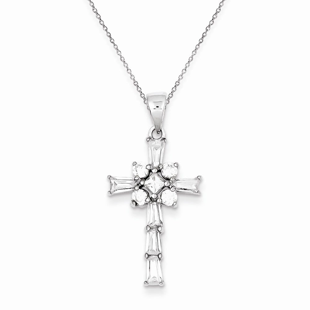 Sterling Silver Cz Baguette and Round Latin Cross Pendant