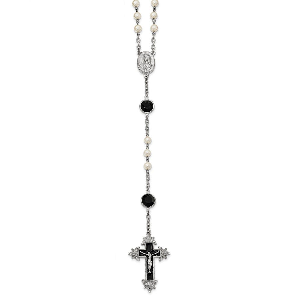 Silver-Tone Black Enamel Black Swarovski Crystal & Glass Pearl Rosary