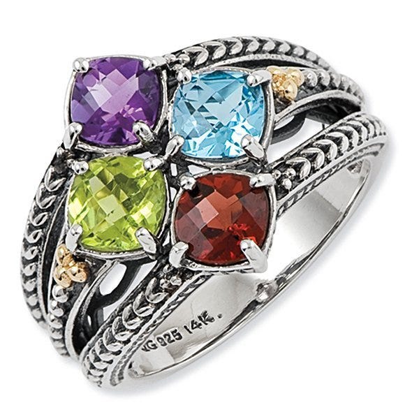 Sterling Silver & 14K Four-Stone Antiqued Mother's Ring