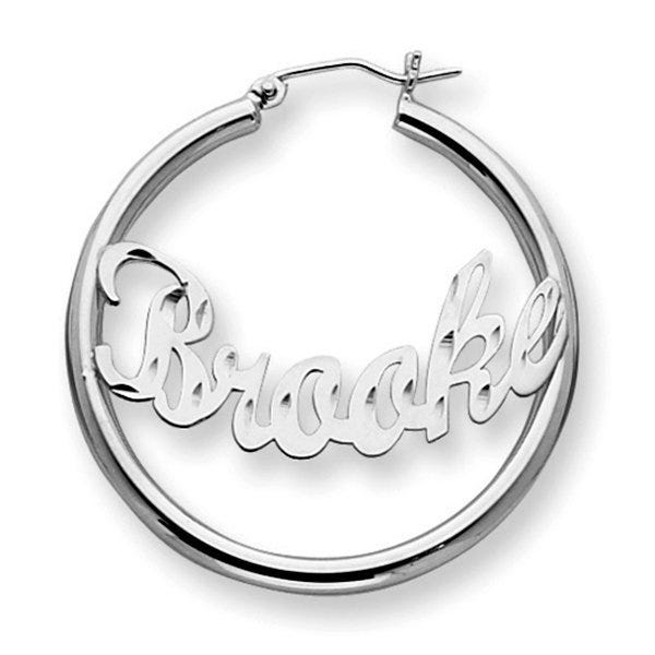Sterling Silver Polished and Diamond-Cut Curved Script Name Hoop Earrings