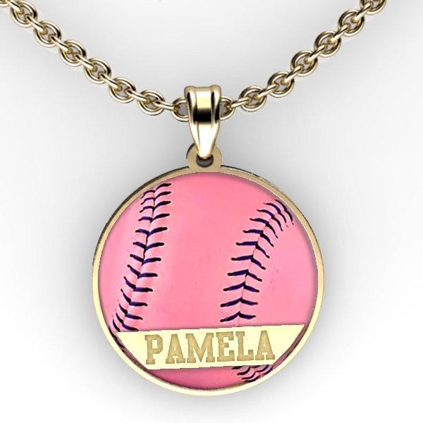 Color Enameled Pink Softball Pendant with Name