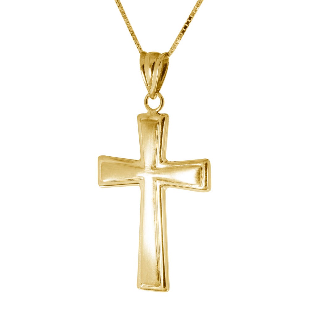 Unisex Solid 14K Gold Matte Cross Necklace
