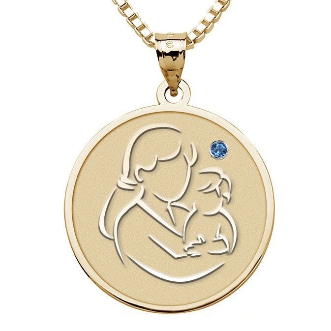 Mother and Son - Round Pendant with Birthstone