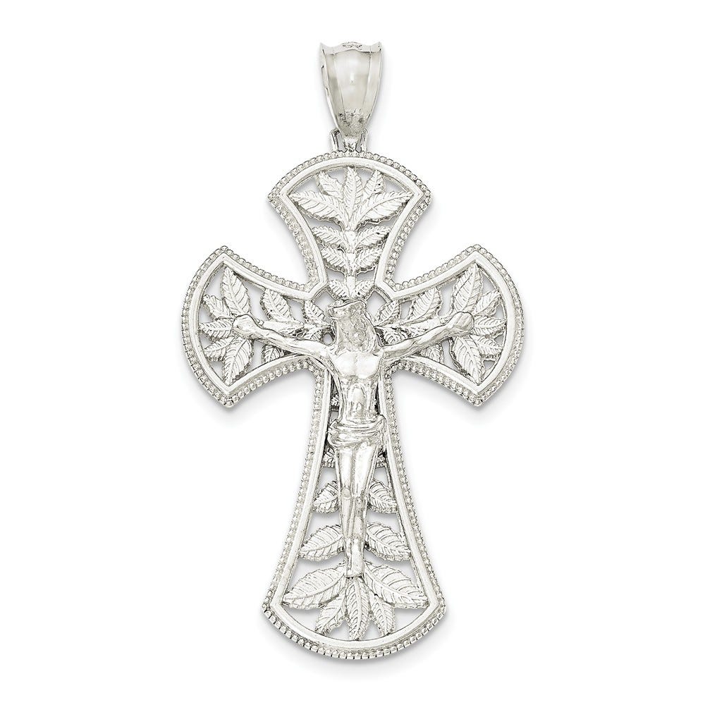 Sterling Silver Polished Leaf Inri Crucifix Pendant