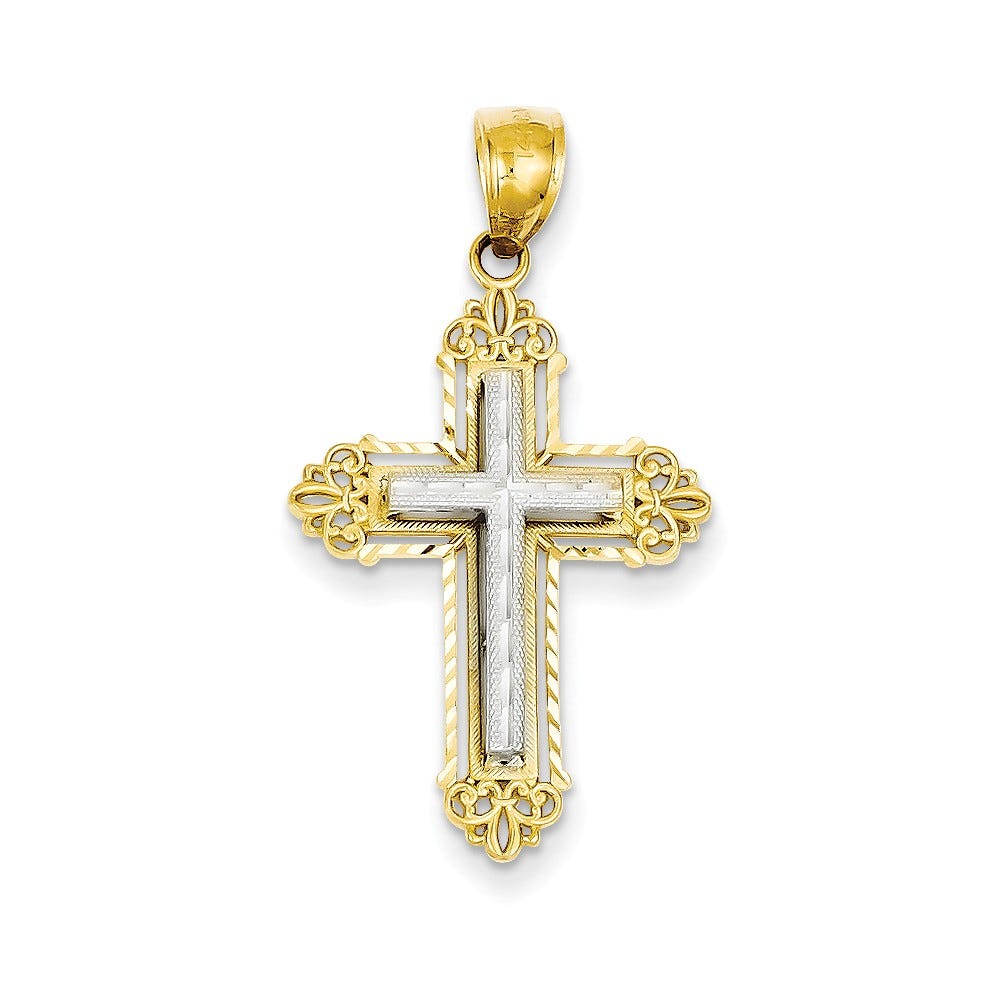 14K Two Tone Fleur De Lis Cross Pendant