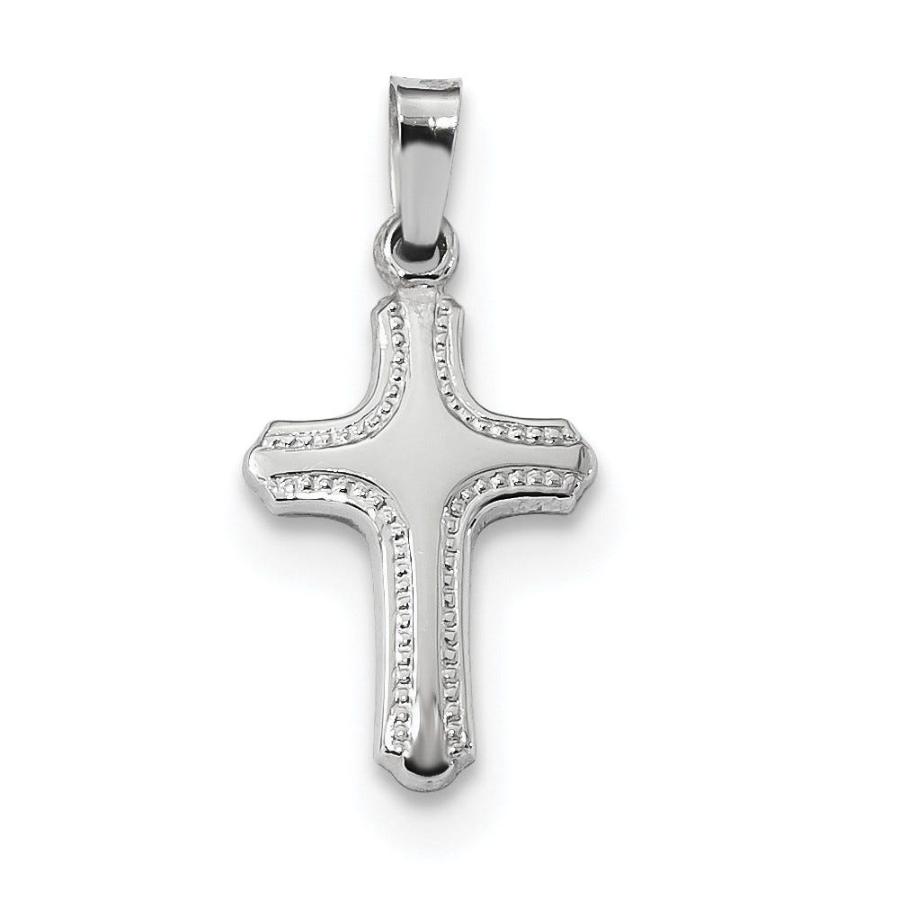 14K White Gold Polished Fancy Beaded-Edge Cross Pendant