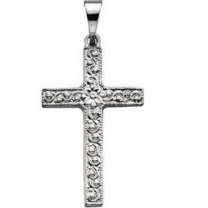 14K White Gold Scroll Pattern Cross Pendant