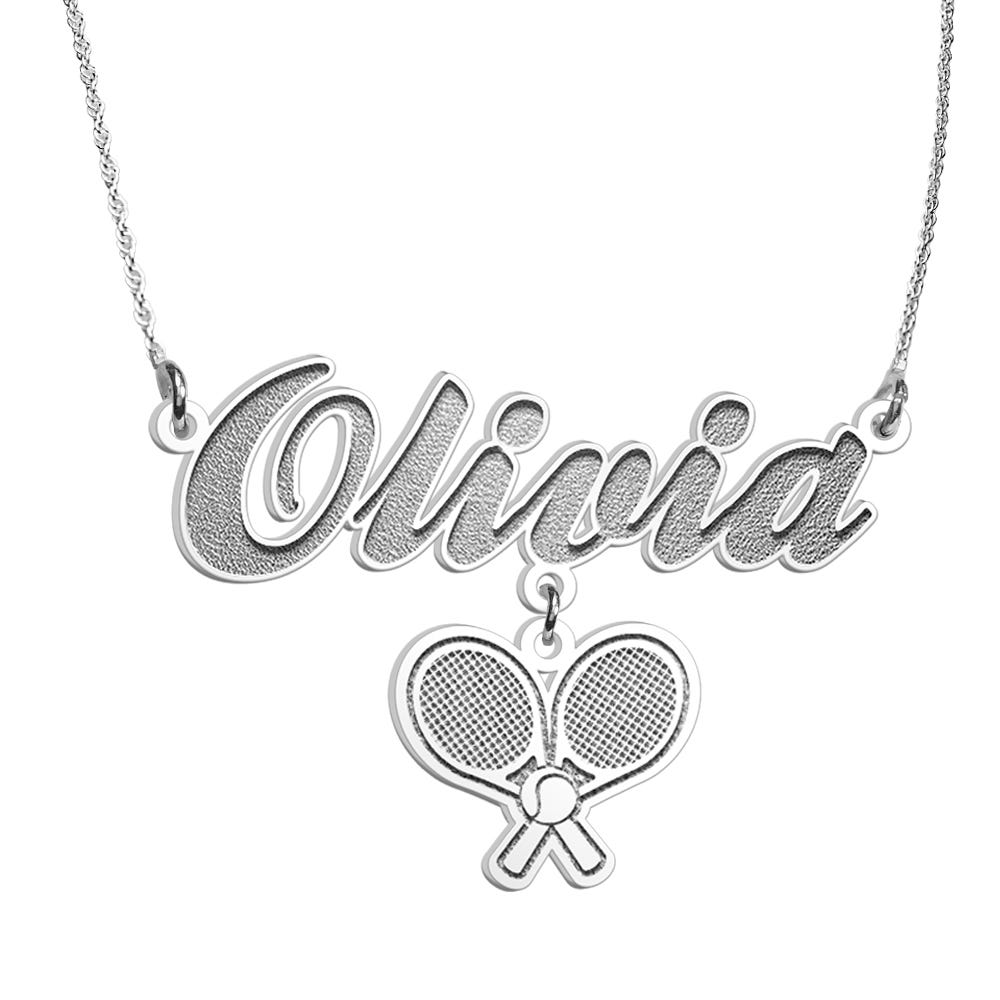 Script Name Necklace with Tennis Rackets Charm