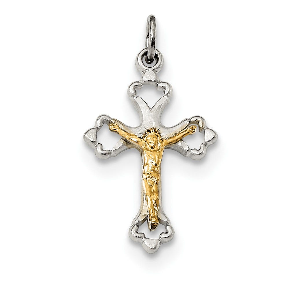 Sterling Silver Gold Plated Satin And Diamond Cut Budded Crucifix Pendant
