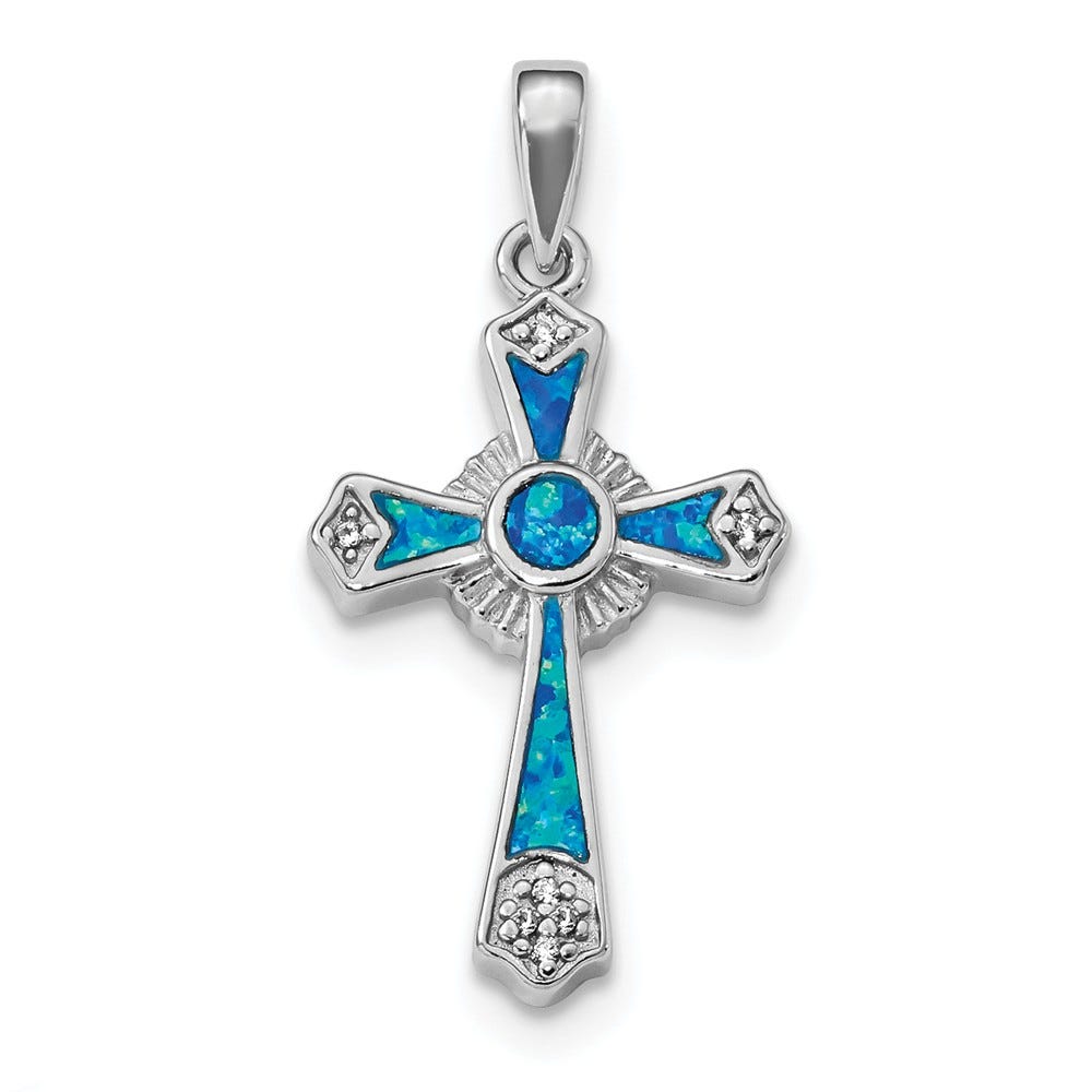 Sterling Silver Opal And Cz Cross Pendant