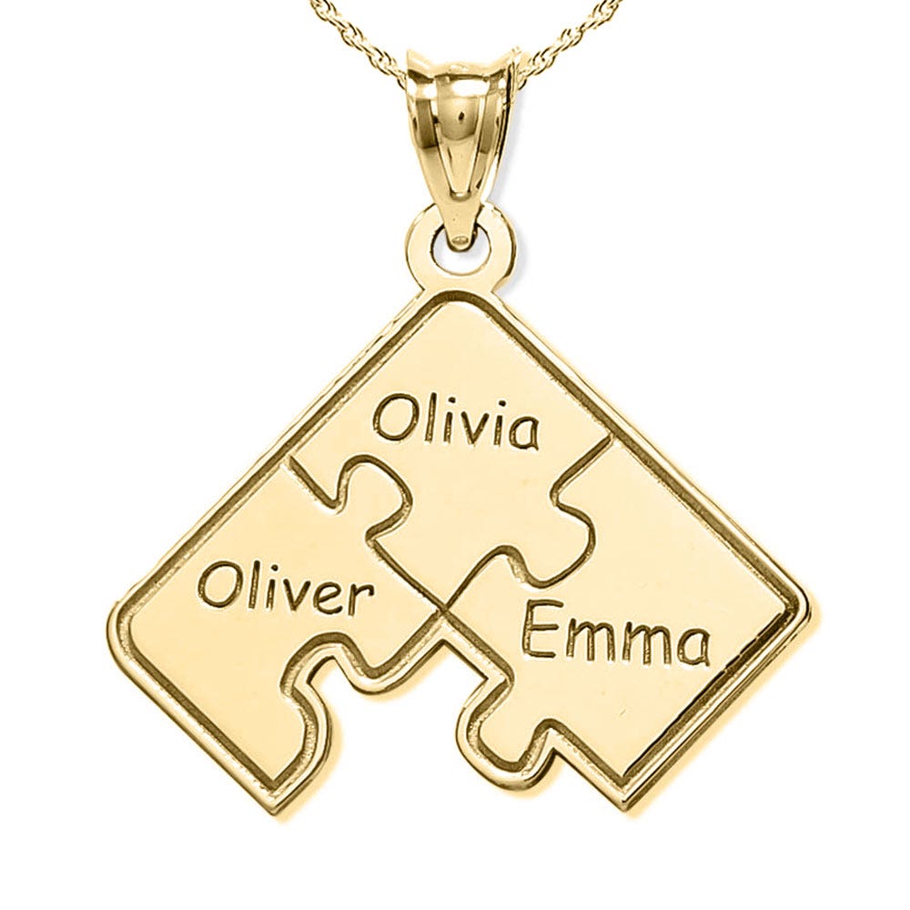 Personalized Family Three Piece Jigsaw Puzzle Pendant - 18 Inch Chain Included