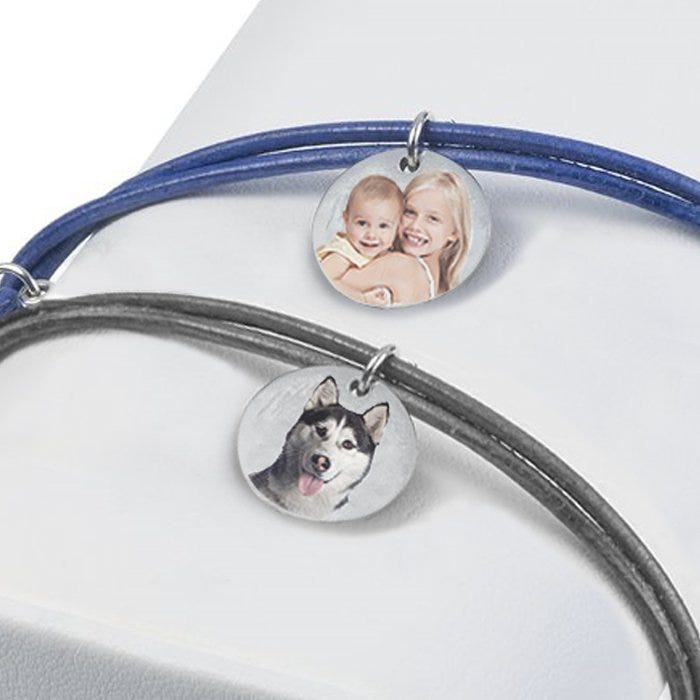 Sterling Silver Leather Rope Bracelet With Photo Engraved Charm