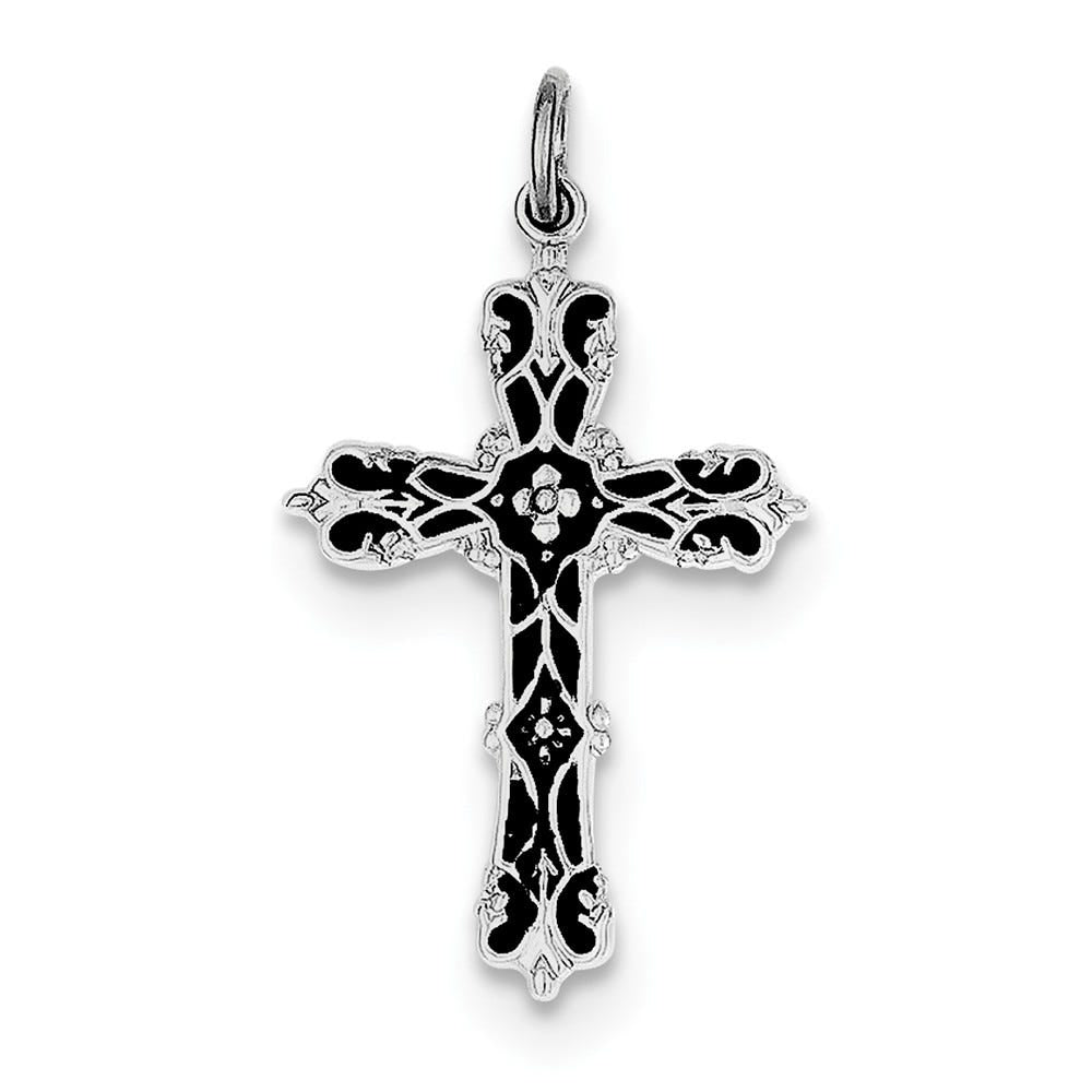 Sterling Silver Rhodium Plated With Black Epoxy Cross Pendant
