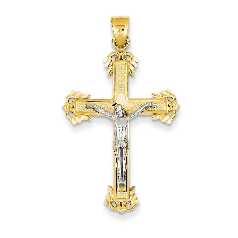 14K Two-Tone Diamond-Cut Scroll-Tip Crucifix Pendant