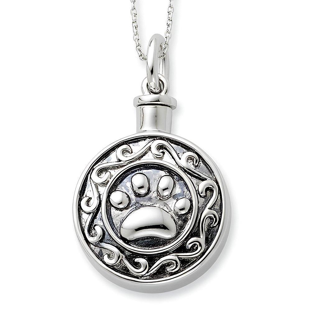 Sterling Silver Antiqued Dog Paw Print Round Cremation Ash Holder with 18 Inch Chain