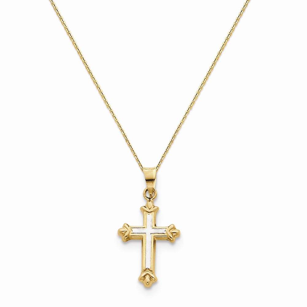 14K Hollow Cross Pendant With Rhodium