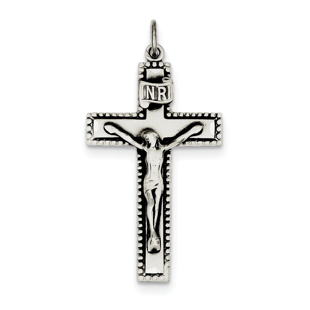 Antiqued Inri Beaded-Edge Crucifix Pendant