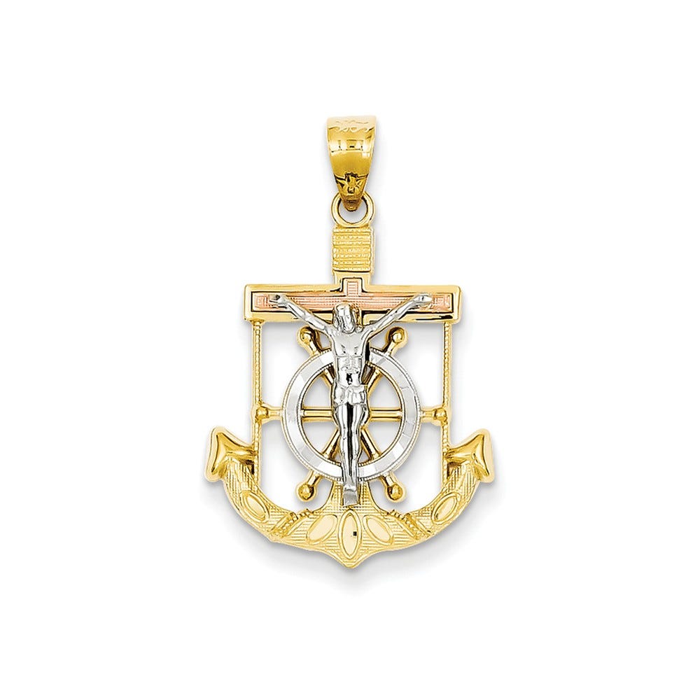14K Tri-Color Diamond Cut Textured Mariner's Cross Pendant