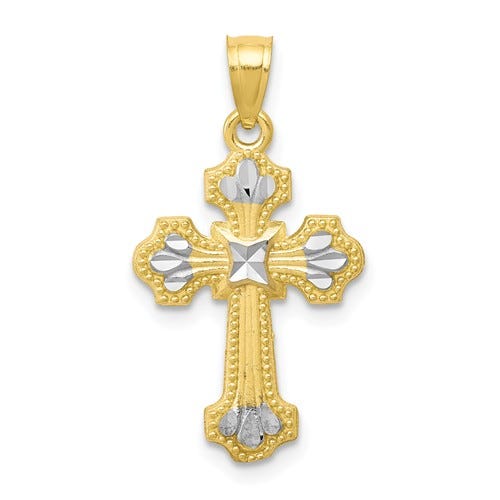 10K And Rhodium Diamond Cut Cross Pendant