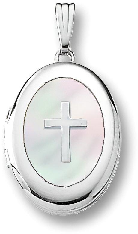 14K White Gold Mother Of Pearl Cross Oval Photo Locket