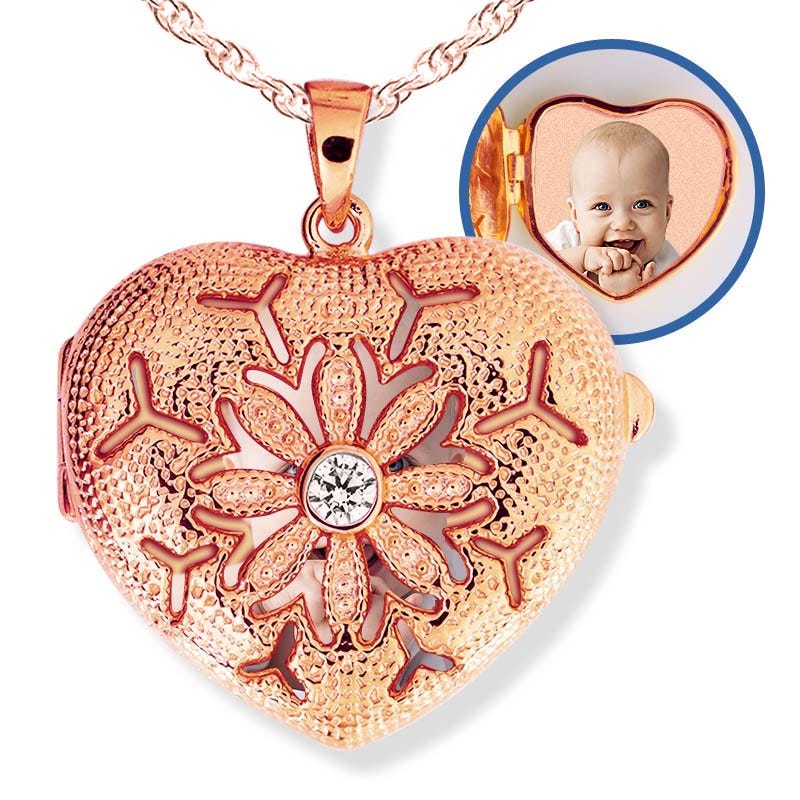 Rose Gold Heart Photo Locket With Cubic Zirconias With Chain Included