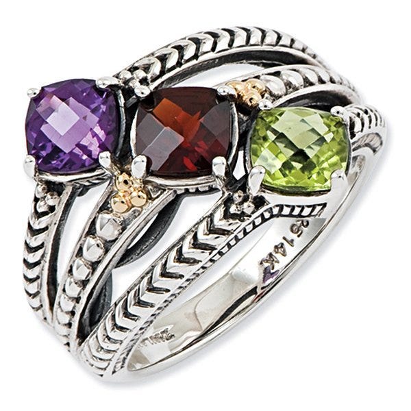 Sterling Silver & 14K Three-Stone Antiqued Mother's Ring