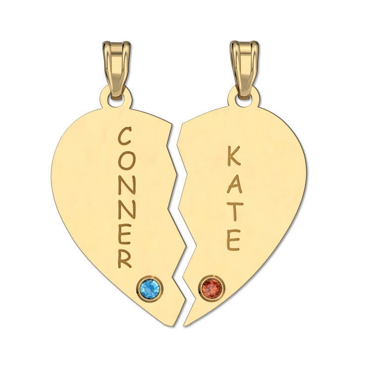 Personalized Couples Broken Heart Pendant with Two Birthstones & Names
