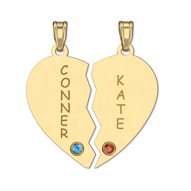 Personalized Couples Broken Heart Pendant with Two Birthstones & Names
