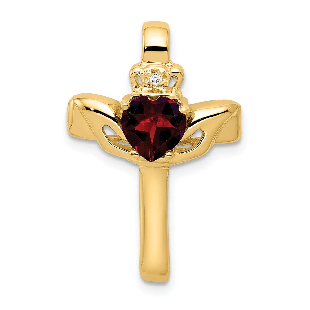 14K Yellow Gold Garnet And Diamond Claddagh Cross Pendant