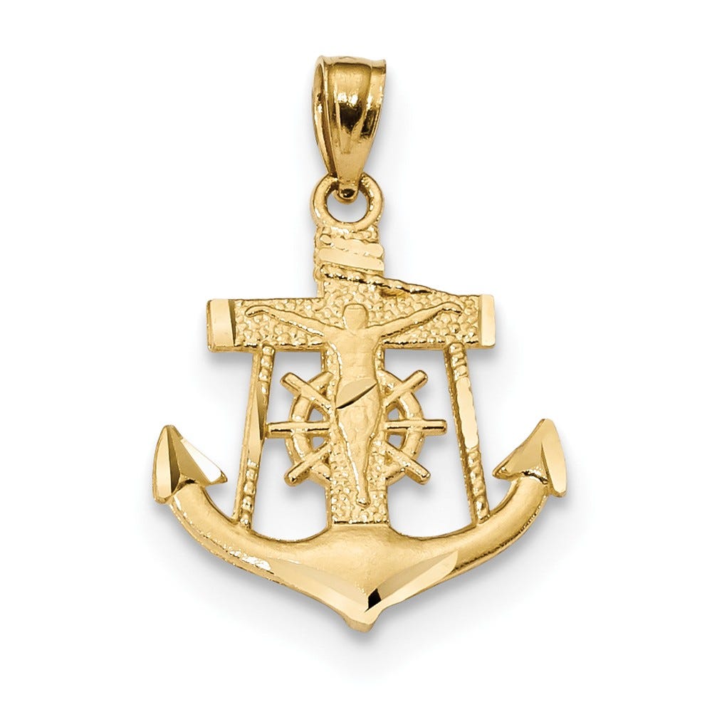 14K Yellow Gold Anchor With Crucifix Pendant