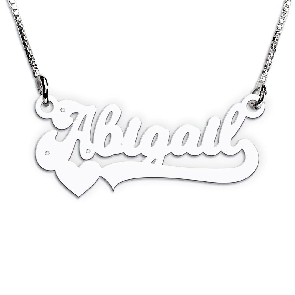 Modern Script Heart Name Necklace with 3 Cubic Zirconia