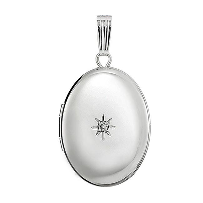 14K White Gold Oval Photo Locket With Diamond