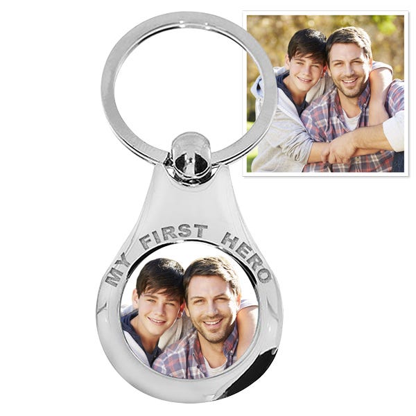 Stainless Steel Engravable "My First Hero" Round Photo Laser Keychain