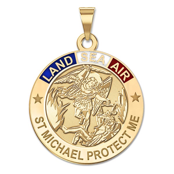 Saint Michael Land Sea Air Round Religious Medal With Red White & Blue Enamel