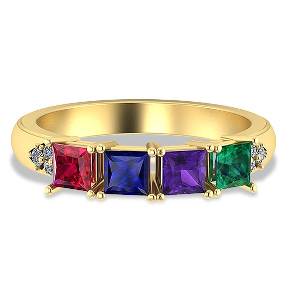 4 Princess Shaped Birthstone Mother's Personalized Ring