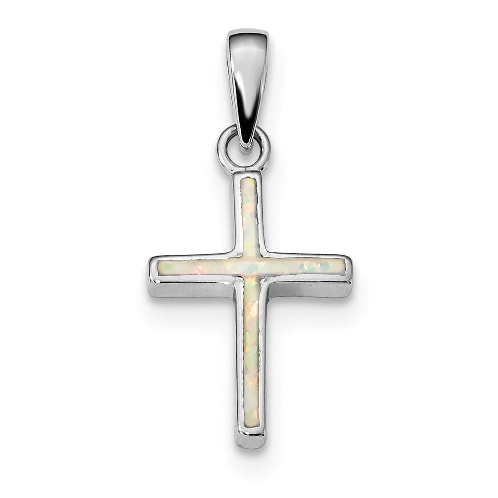 Sterling Silver White Created Opal Cross Pendant