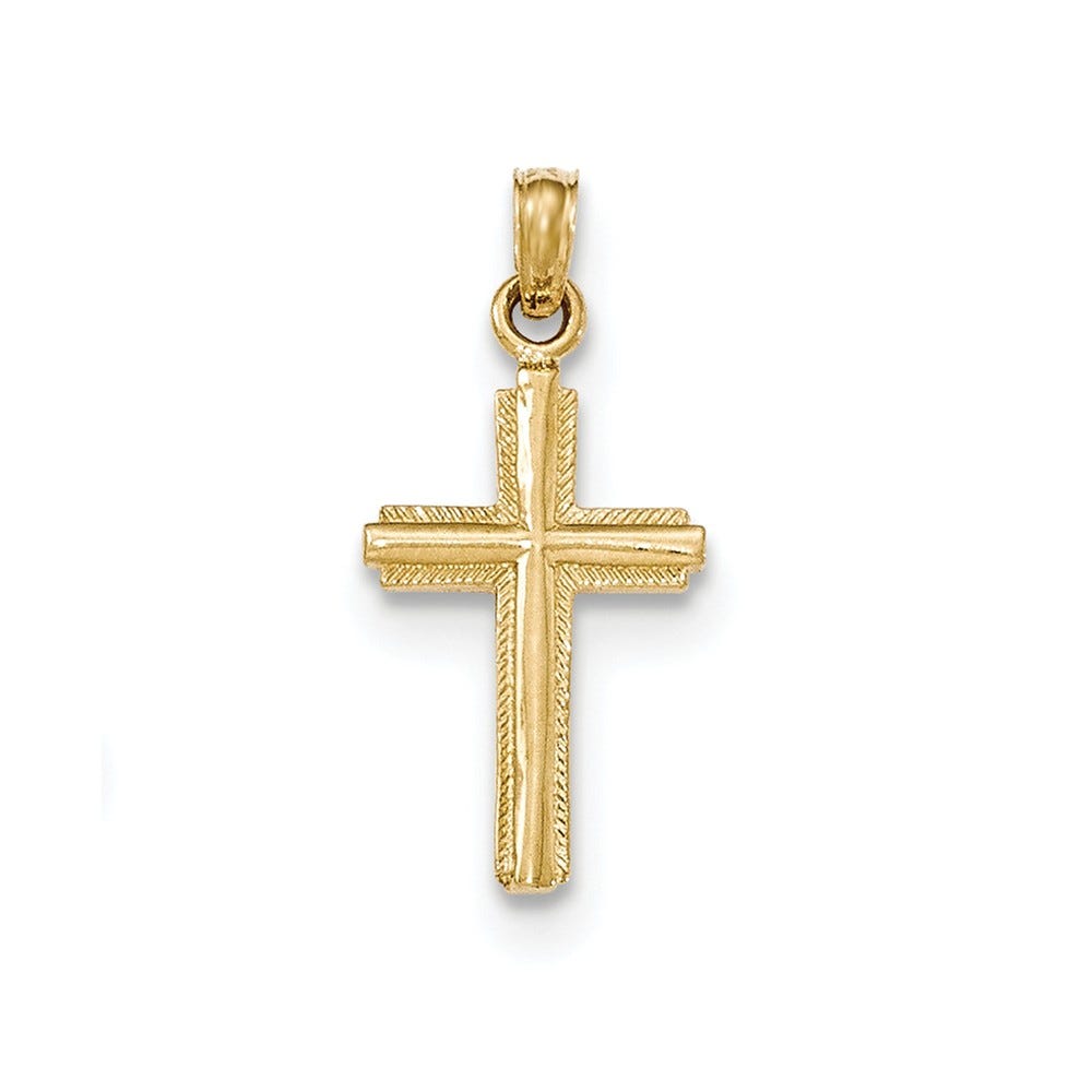 14K Gold Polished Cross With Stripped Border