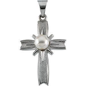 14K White Gold Cross With Pearl Pendant
