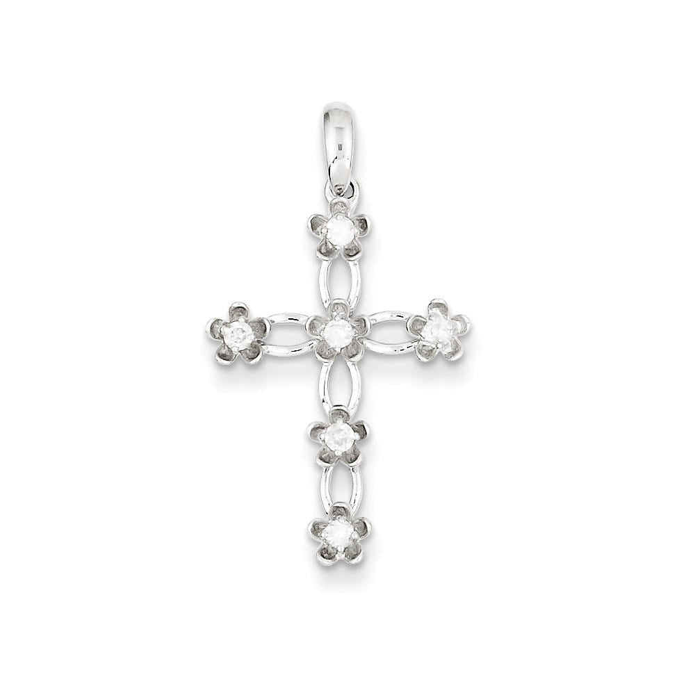 14K White Gold Diamond Floral Openwork Cross Pendant