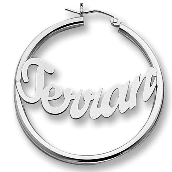 Sterling Silver Polished and Curved Script Name Hoop Earrings