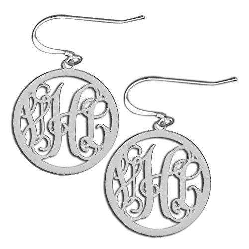 Sterling Silver Round Cut-Out Monogram Vine Script Kidney Wire Earrings