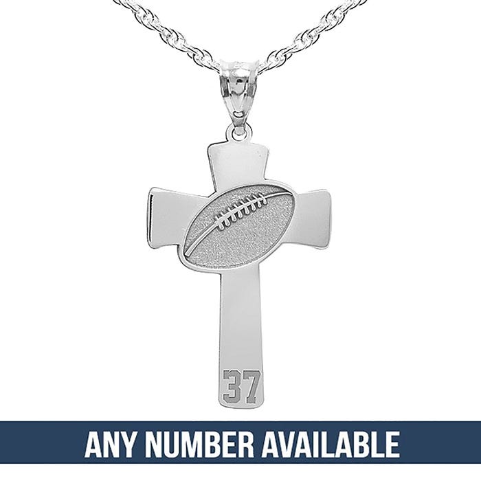 Football Stitch Engraved Cross Pendant with Number